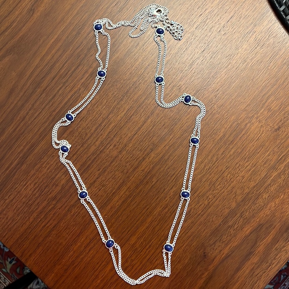 Chico’s faux silver long necklace with navy beads